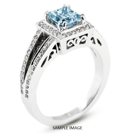 18k White Gold Vintage Style Engagement Ring with Halo with 1.46 Total Carat Blue-SI1 Princess Diamond