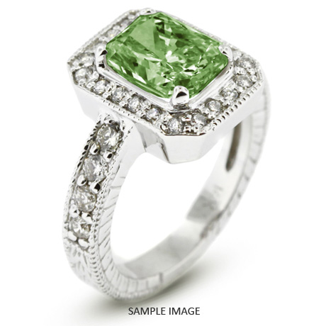 14k White Gold Vintage Style Engagement Ring with Halo with 2.74 Total Carat Green-SI2 Rectangular Radiant Diamond