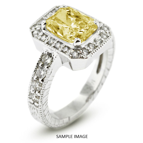 14k White Gold Vintage Style Engagement Ring with Halo with 2.69 Total Carat Yellow-VS2 Rectangular Radiant Diamond