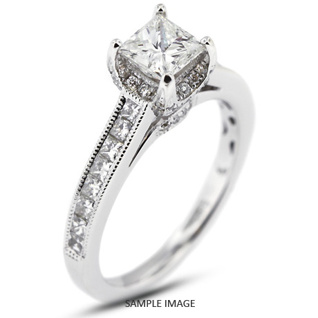 18k White Gold Engagement Ring with Milgrains with 3.11 Total Carat D-VS2 Princess Diamond