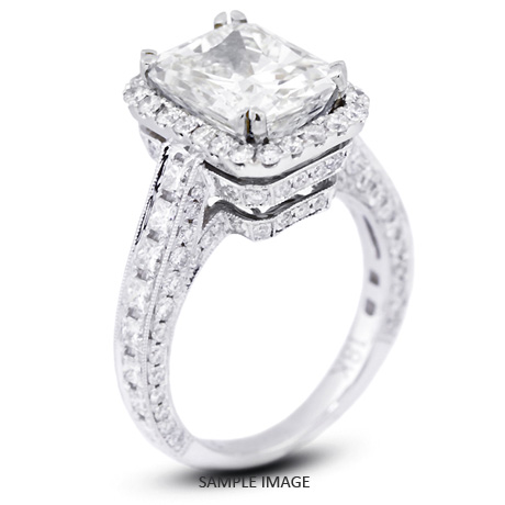 18k White Gold Vintage Style Engagement Ring with Halo with 6.41 Total Carat I-SI3 Rectangular Radiant Diamond