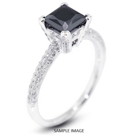 18k White Gold Three-Diamonds Row Engagement Ring with 1.60 Total Carat Black Princess Diamond